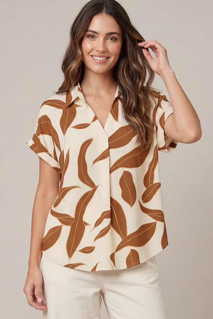 Long Leaf Pine Brown Leaf Print Top