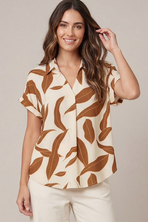 Long Leaf Pine Brown Leaf Print Top