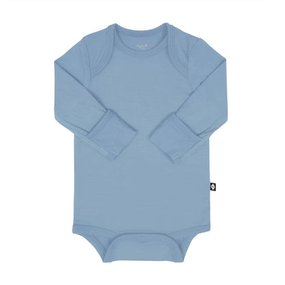 Kyte Baby Long Sleeve Bodysuit in Slate with arms folded inwards and fold over cuffs displayed
