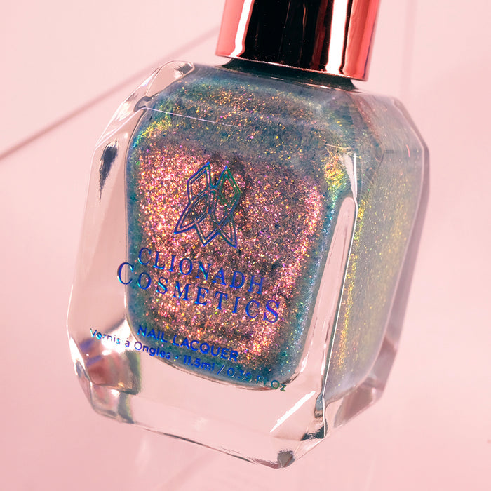 Close-up, angled shot of Love Letter Nail Lacquer bottle on a white  background.