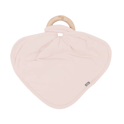 Flat lay of Kyte Baby Lovey in Blush with Removable Wooden Teething Ring