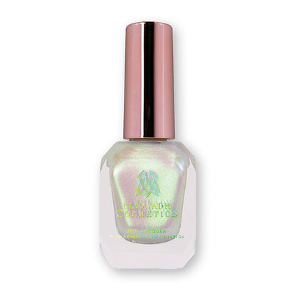 Bottle of nail polish containing Lucidum Nail Laquer on white background.