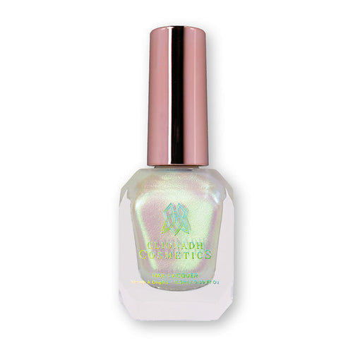 Bottle of nail polish containing Lucidum Nail Laquer on white background.