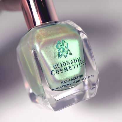 Close-up, angled shot of Lucidum  Nail Lacquer bottle on a white background.