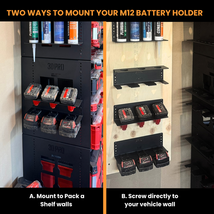 Two methods to mount an M12 battery holder: one on a shelf wall and the other directly to a vehicle wall.