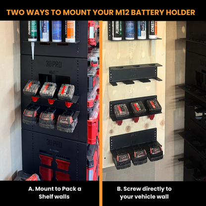 Two methods to mount an M12 battery holder: one on a shelf wall and the other directly to a vehicle wall.