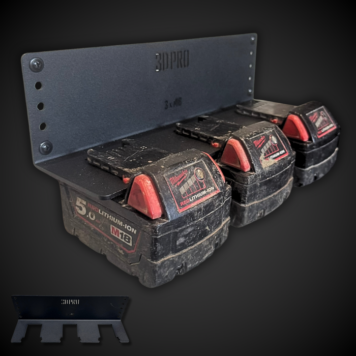 Set of Milwaukee battery packs with a 3D Pro organizer on a dark background