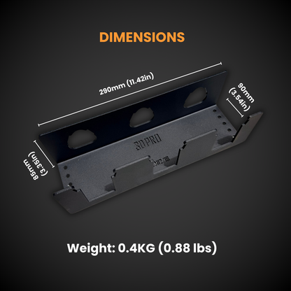 Metal battery holder with dimensions and weight information on a dark background