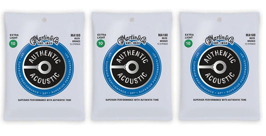 Martin MA180 Authentic Acoustic SP Strings - 12- String Set 80/20 Bronze Extra Light (3-Pack)