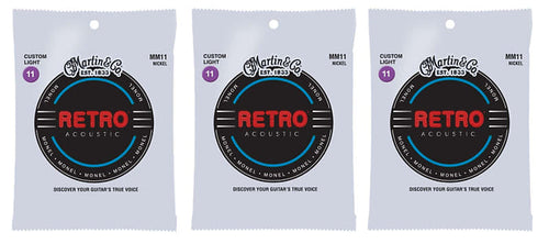 Martin MM11 Retro Monel Acoustic Guitar Strings, Custom Light, (11-52) (3 Pack)