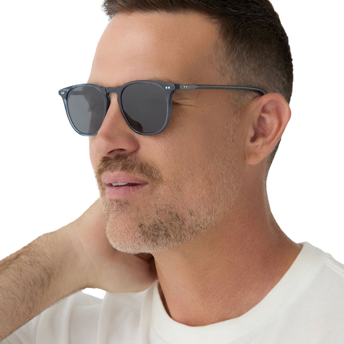 on model - male wearing diff eyewear maxwell xl square sunglasses with a night sky blue acetate frame and grey polarized lenses angled view