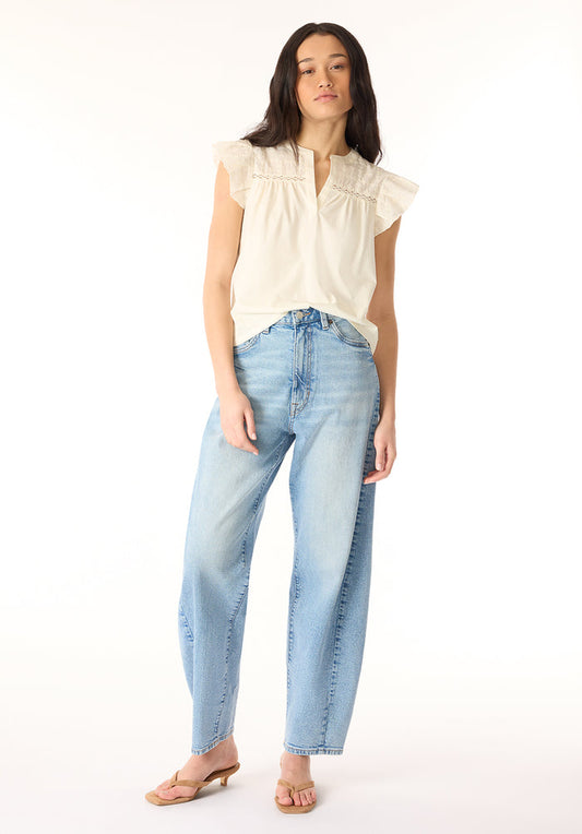 Buffalo Women Tops Beige Knit Tees Short Sleeve V-Neckline Embroidered