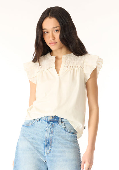 Buffalo Women Tops Beige Knit Tees Short Sleeve V-Neckline Embroidered