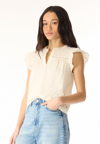 Buffalo Women Tops Beige Knit Tees Short Sleeve V-Neckline Embroidered