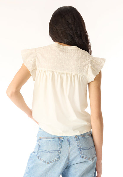 Buffalo Women Tops Beige Knit Tees Short Sleeve V-Neckline Embroidered