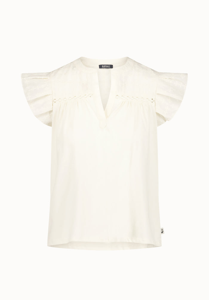 Buffalo Women Tops Beige Knit Tees Short Sleeve V-Neckline Embroidered