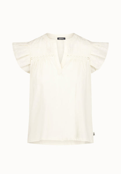Buffalo Women Tops Beige Knit Tees Short Sleeve V-Neckline Embroidered