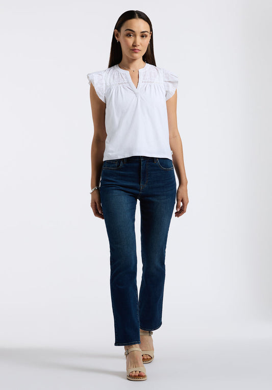 Buffalo Women Tops White Knit Tees Short Sleeve V-Neckline Embroidered