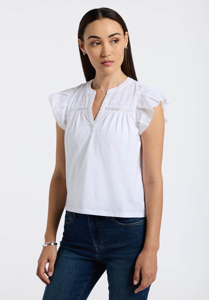 Buffalo Women Tops White Knit Tees Short Sleeve V-Neckline Embroidered