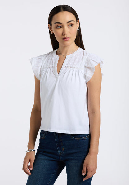 Buffalo Women Tops White Knit Tees Short Sleeve V-Neckline Embroidered
