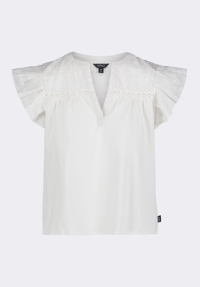 Buffalo Women Tops White Knit Tees Short Sleeve V-Neckline Embroidered