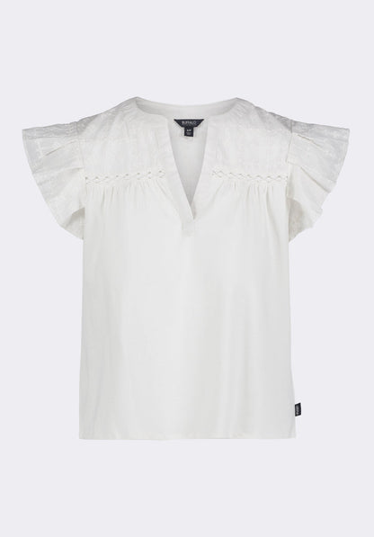 Buffalo Women Tops White Knit Tees Short Sleeve V-Neckline Embroidered