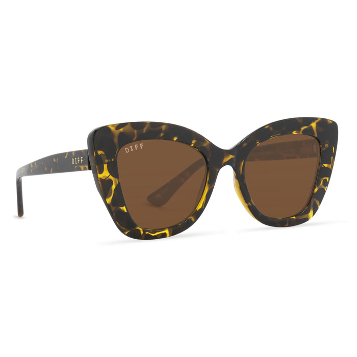 diff eyewear melody cat eye sunglasses with a dark tortoise frame and brown lenses angled view