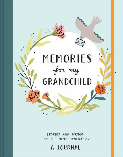 Journal titled 'Memories for my Grandchild' with decorative elements on a light blue background