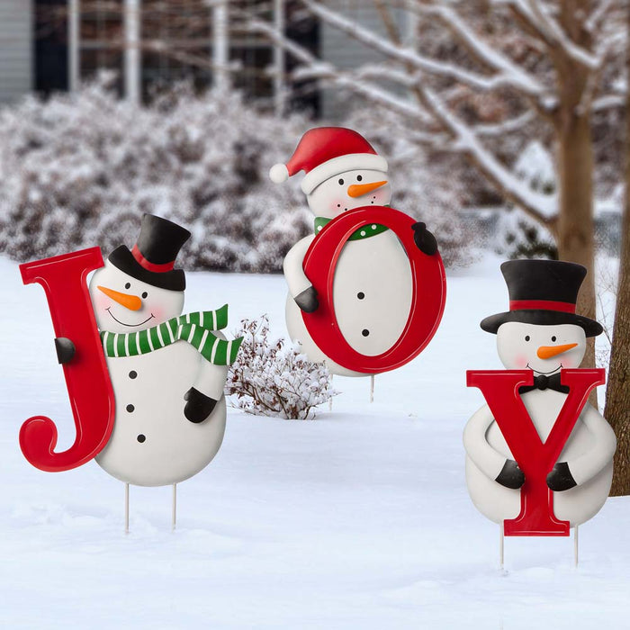 Metal Vertical or Horizontal "JOY" Snowman Family Yard Stake, Set Of 3
