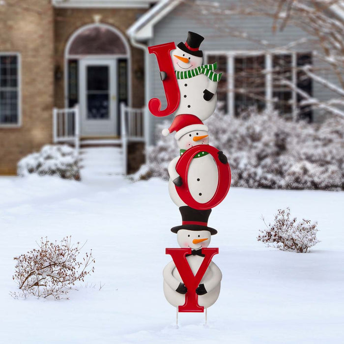 Metal Vertical or Horizontal "JOY" Snowman Family Yard Stake, Set Of 3