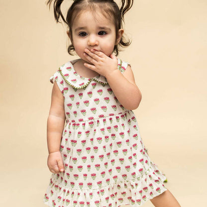 Mia Block Print Floral Baby Dress + Bloomer (Linen Blend)