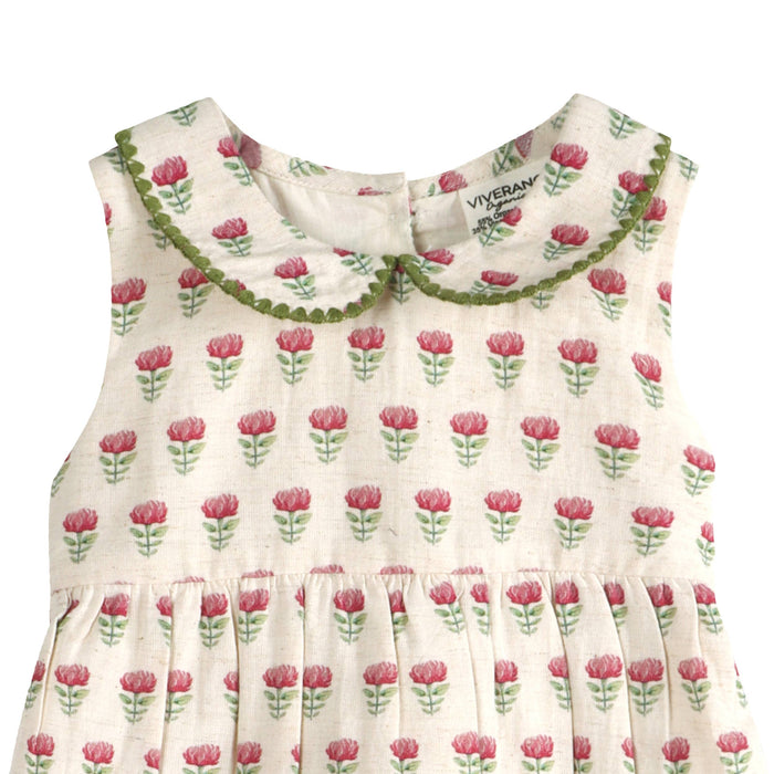 Mia Block Print Floral Baby Dress + Bloomer (Linen Blend)
