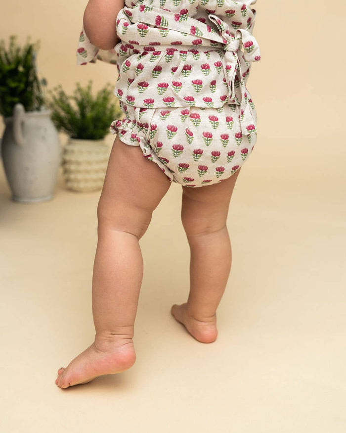 Mia Block Print Floral Baby Dress + Bloomer (Linen Blend)