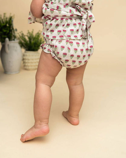 Mia Block Print Floral Baby Dress + Bloomer (Linen Blend)