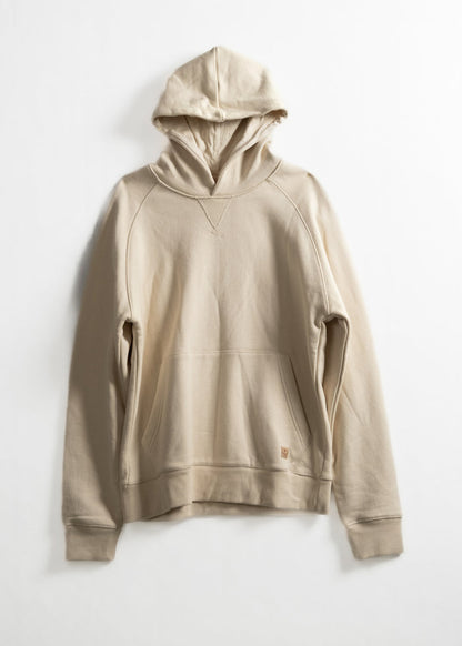 Beige hoodie with front pocket and drawstring hood, displayed against a white background, showcasing casual fashion style.