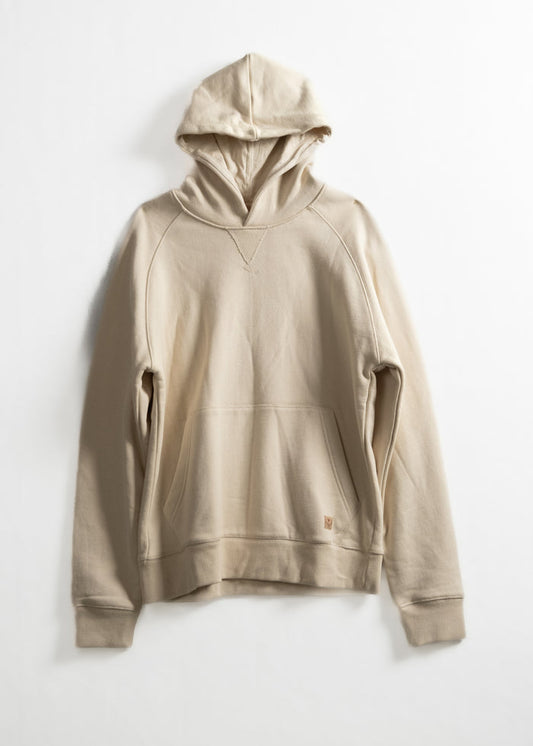 Beige hoodie with front pocket and drawstring hood, displayed against a white background, showcasing casual fashion style.