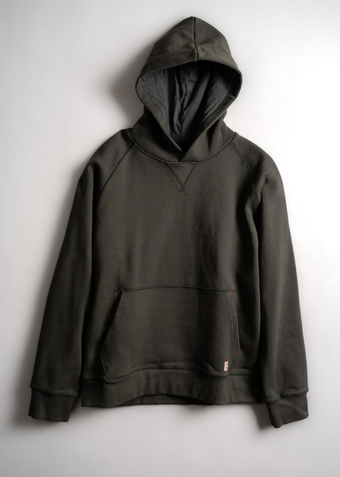 A dark green hoodie with a front pocket and hood, displayed on a plain white background, highlighting its casual style.
