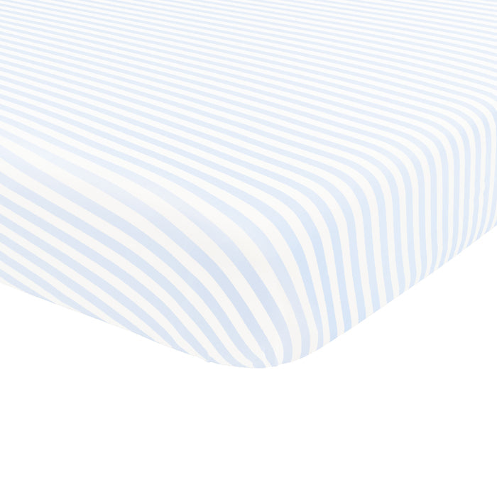 Corner of Mini Crib Sheet in Small Mist Stripe shown on a mattress