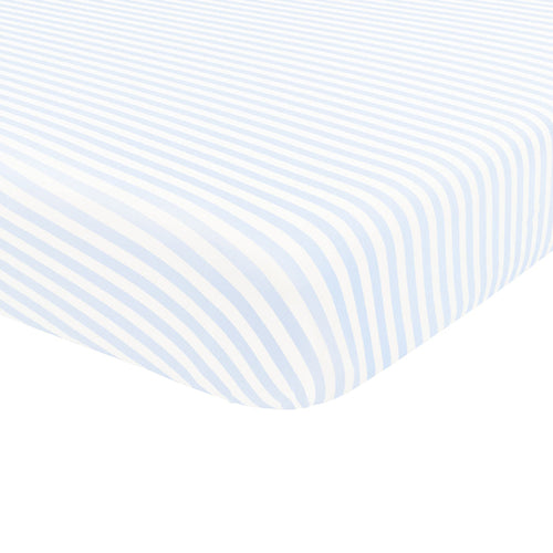 Corner of Mini Crib Sheet in Small Mist Stripe shown on a mattress