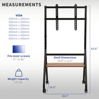 Mobile Heavy-Duty Height Adjustable Studio TV Cart for large screens that can be used in the home and office.
