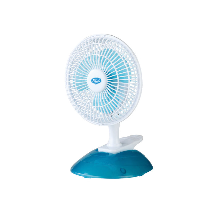 My Choice 6" Clip/Table Fan – Detachable Base, Adjustable Tilt, Strong Wind, Portable, Durable, 2-Speed, white & blue, MC202
