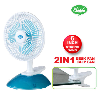 My Choice 6" Clip/Table Fan – Detachable Base, Adjustable Tilt, Strong Wind, Portable, Durable, 2-Speed, white & blue, MC202