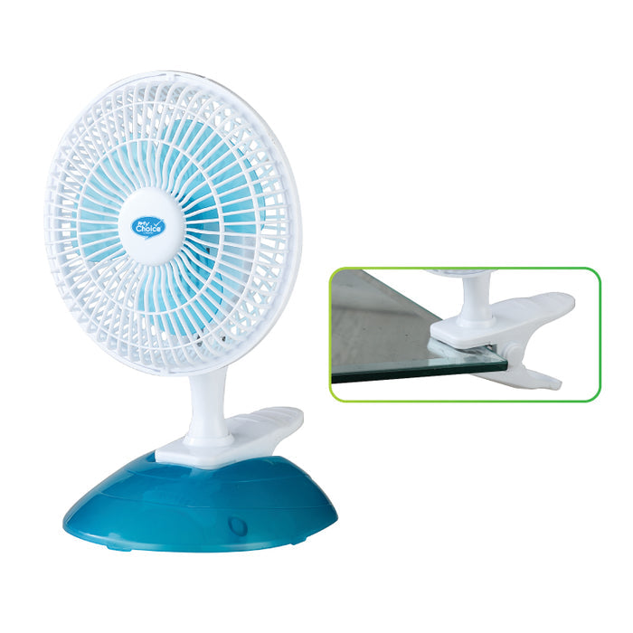 My Choice 6" Clip/Table Fan – Detachable Base, Adjustable Tilt, Strong Wind, Portable, Durable, 2-Speed, white & blue, MC202