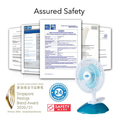 My Choice 6" Clip/Table Fan – Detachable Base, Adjustable Tilt, Strong Wind, Portable, Durable, 2-Speed, white & blue, MC202
