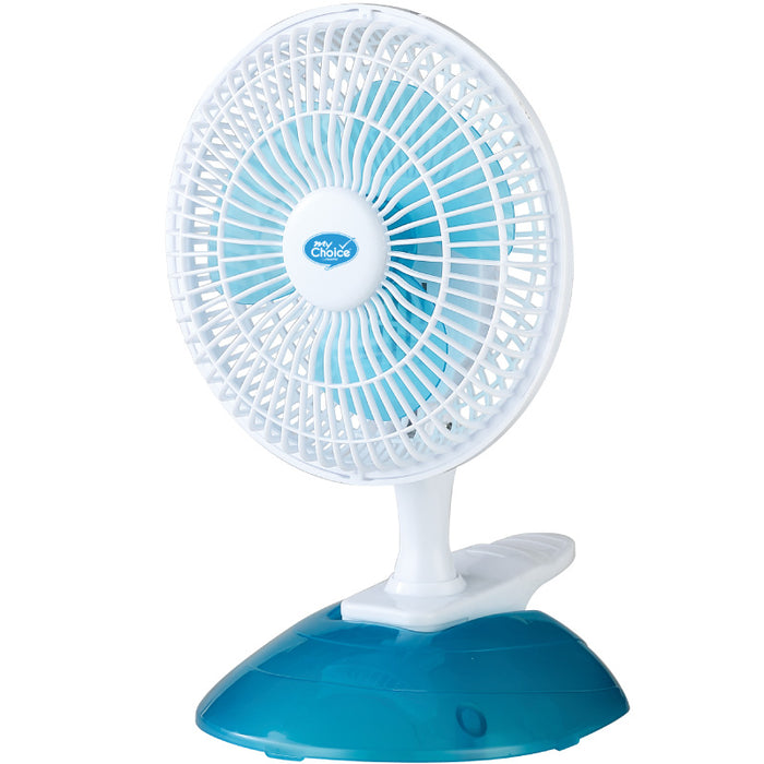 My Choice 6" Clip/Table Fan – Detachable Base, Adjustable Tilt, Strong Wind, Portable, Durable, 2-Speed, white & blue, MC202