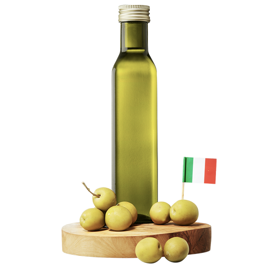 A bottle of Nocellara Extra Virgin Olive Oil on a wooden board, accompanied by a small Italian flag and whole olives.