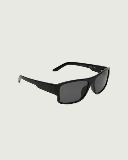 Ink Midnight::Nolan Sunglasses square black recycled polyester front diagonal