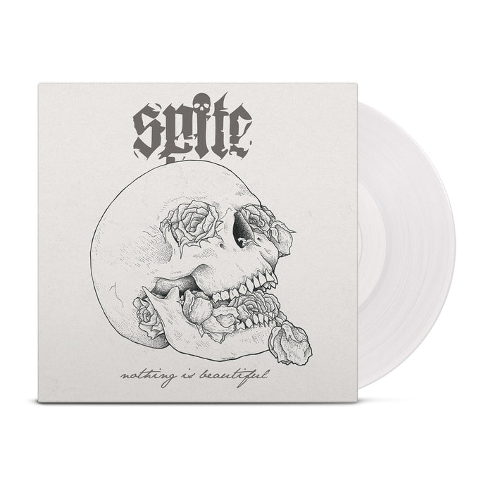 A white jacket shows a skull with roses coming out of its mouth and eyes with the words "nothing is beautiful" at the bottom. "Spite" with a skull as the dot of the "i" is at the top. A white vinyl peeks out of the jacket.