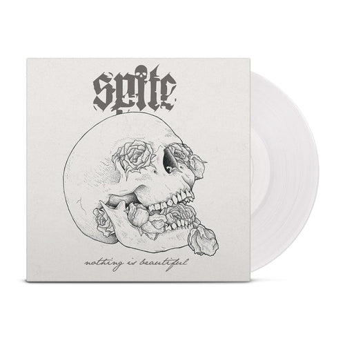 A white jacket shows a skull with roses coming out of its mouth and eyes with the words "nothing is beautiful" at the bottom. "Spite" with a skull as the dot of the "i" is at the top. A white vinyl peeks out of the jacket.