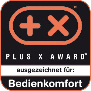 Quadratisches Plus X Award Logo mit orangefarbenem Plus- und X-Symbol. Darunter steht: PLUS X AWARD, ausgezeichnet für: Bedienkomfort für den Nudelmeister von Unold.